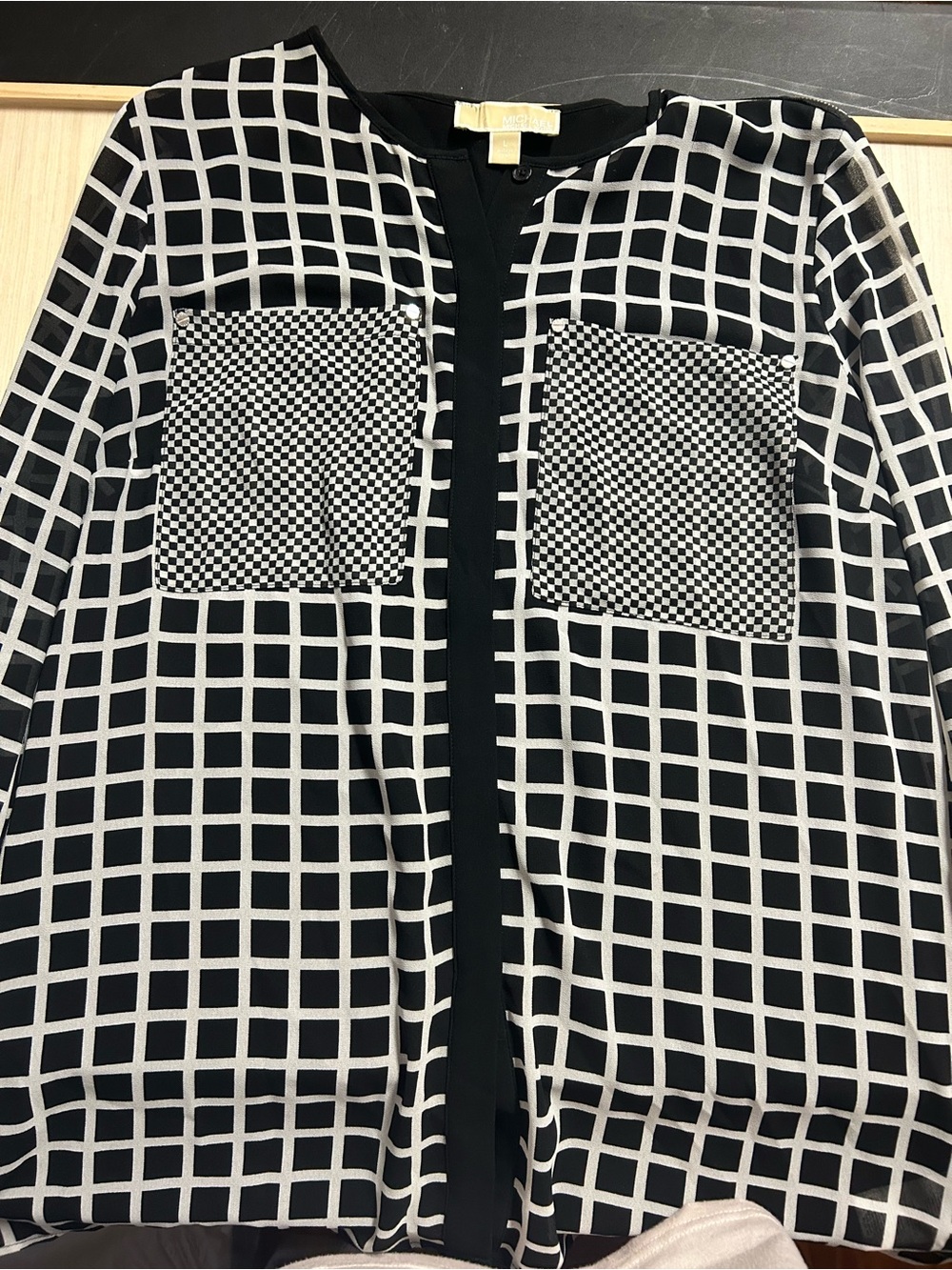 MICHAEL Michael Kors Large Black White Grid Print Blouse Zip Shoulder Pockets